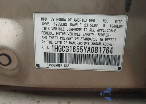 2000 Honda Accord 3.0 Ex from USA, damaged, VIN 1HGCG1655YA081764